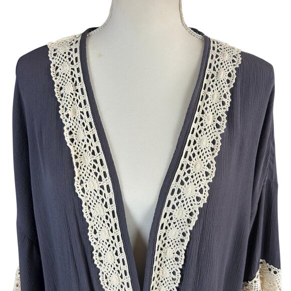 Weavers Open Front Cardigan Women Size S Gray Cream Fringe Crochet Boho Kimono - Picture 5 of 12